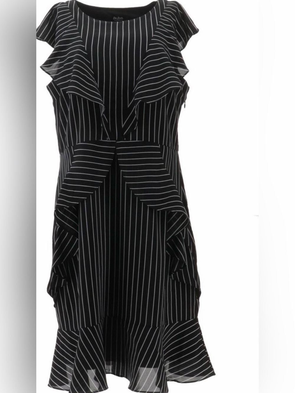 Du Jour Black and White Pinstripe Ruffle Midi Dress